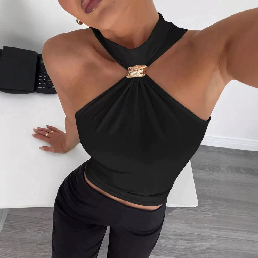 spring/summer women's high neck metallic ring sleeveless off-shoulder stretch tank top - suitable for , , and independent e-commerce stores