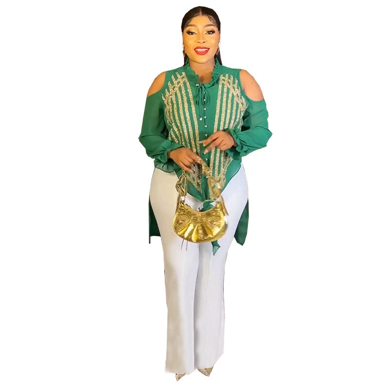 New african cross-border fashion: beaded blouse top and slim-fit pants set
