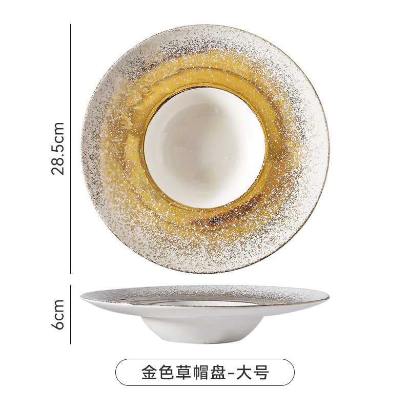 Nordic gradient sprayed high-value light luxury ceramic western food pasta plate, straw hat plate, restaurant hotel business straw hat plate
