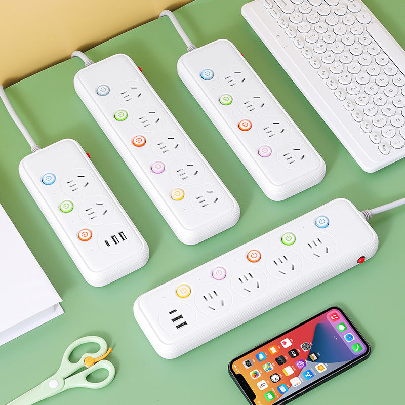 Multi-outlet power strip with individual switches, long cord, usb ports, for home and office use - wired power strip