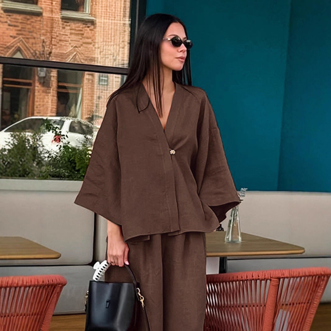 European and American  fashion loose brown cotton and linen suit women's 2025 autumn simple cardigan trousers two-piece women's clothing