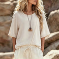 European and american style plus size off-white casual short sleeve top - round neck short sleeve patchwork loose pullover