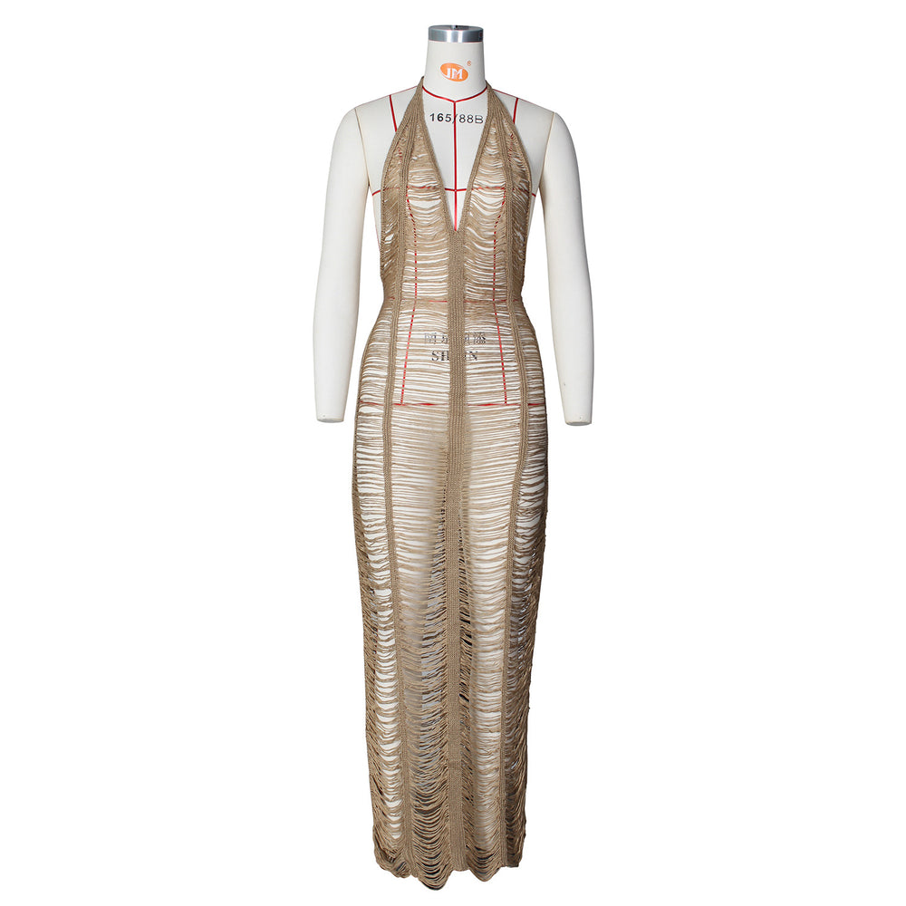 sourcing: new women's beach knit maxi dress - sexy sheer deep v-neck halter tie-up bodycon dress