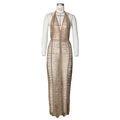 sourcing: new women's beach knit maxi dress - sexy sheer deep v-neck halter tie-up bodycon dress