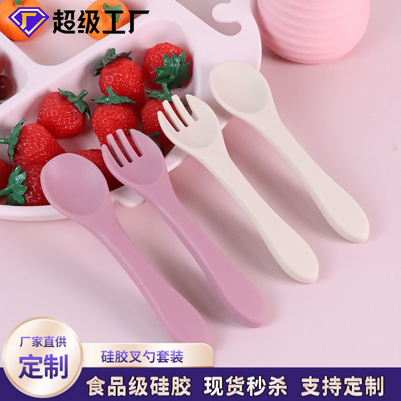 Children's fork and spoon Silicone soft spoon Baby independent eating training spoon Straight handle fork and spoon set Supplementary food feeding tableware