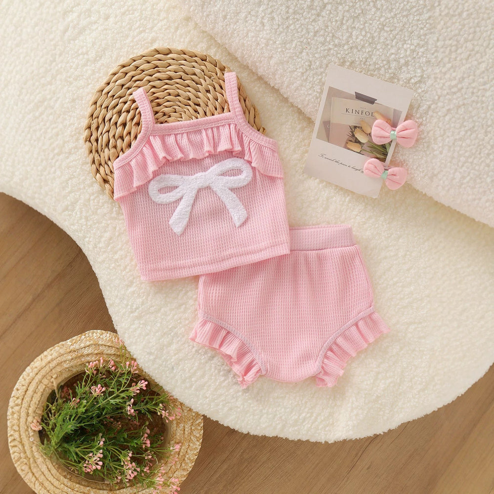 European and american style baby girl's cute suspender romper with bow and pink pants two-piece set