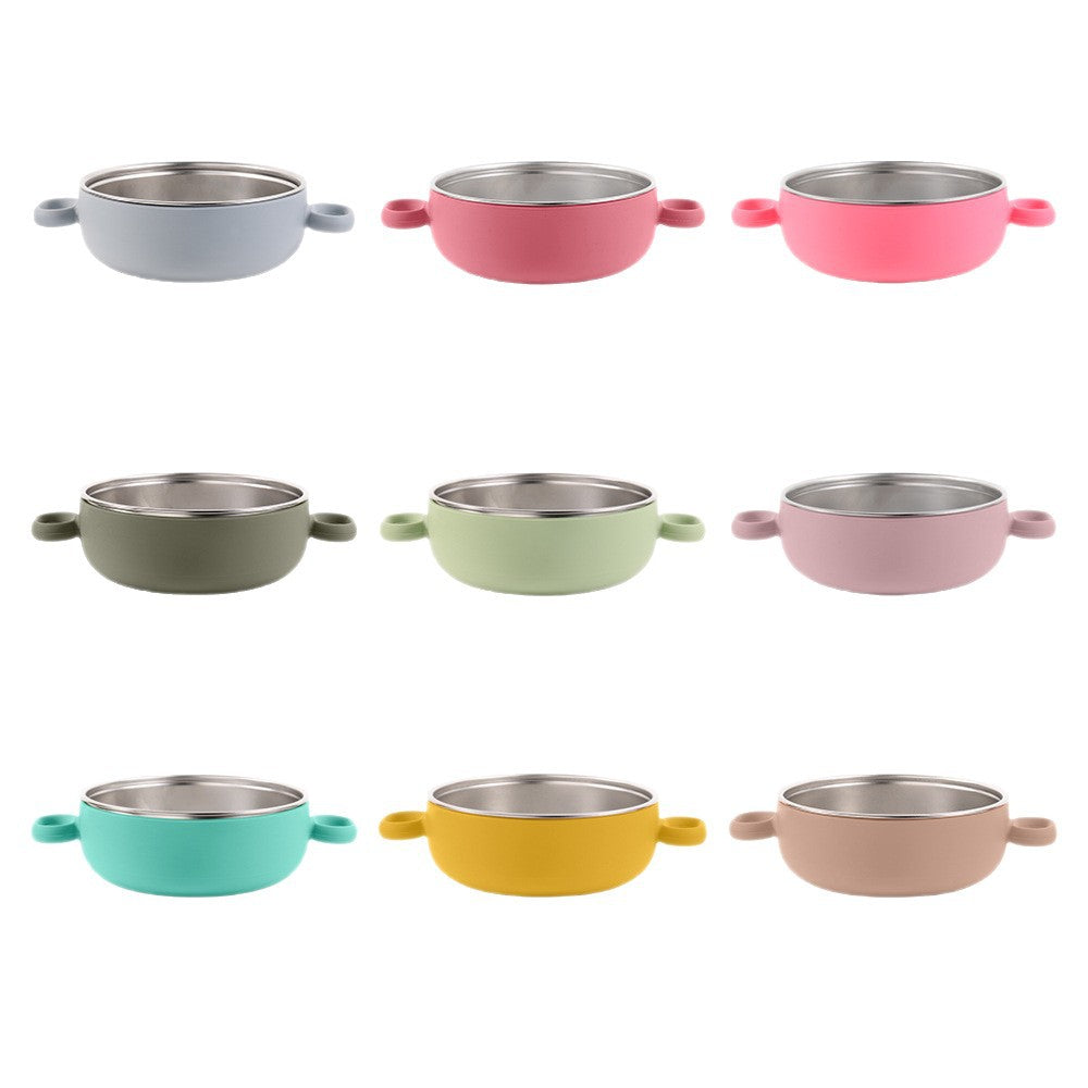 Children's silicone stainless steel 304 binaural bowl manufacturer's new baby silicone feeding tableware set complementary food bowl