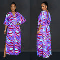 X6615 cross-border   fashion women's v-neck vintage print slit maxi dress