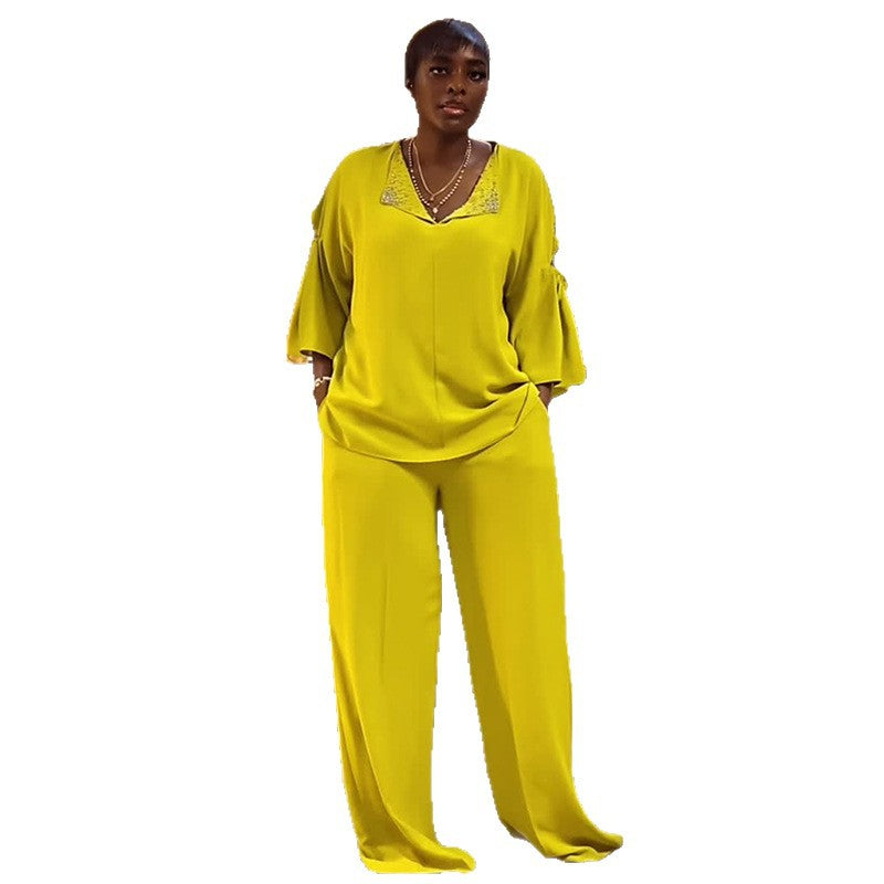 European and american style women's  autumn sweet & fresh loose plus size v-neck three-quarter sleeve blouse and high-waisted straight-leg pants two-piece set