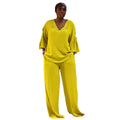 European and american style women's  autumn sweet & fresh loose plus size v-neck three-quarter sleeve blouse and high-waisted straight-leg pants two-piece set