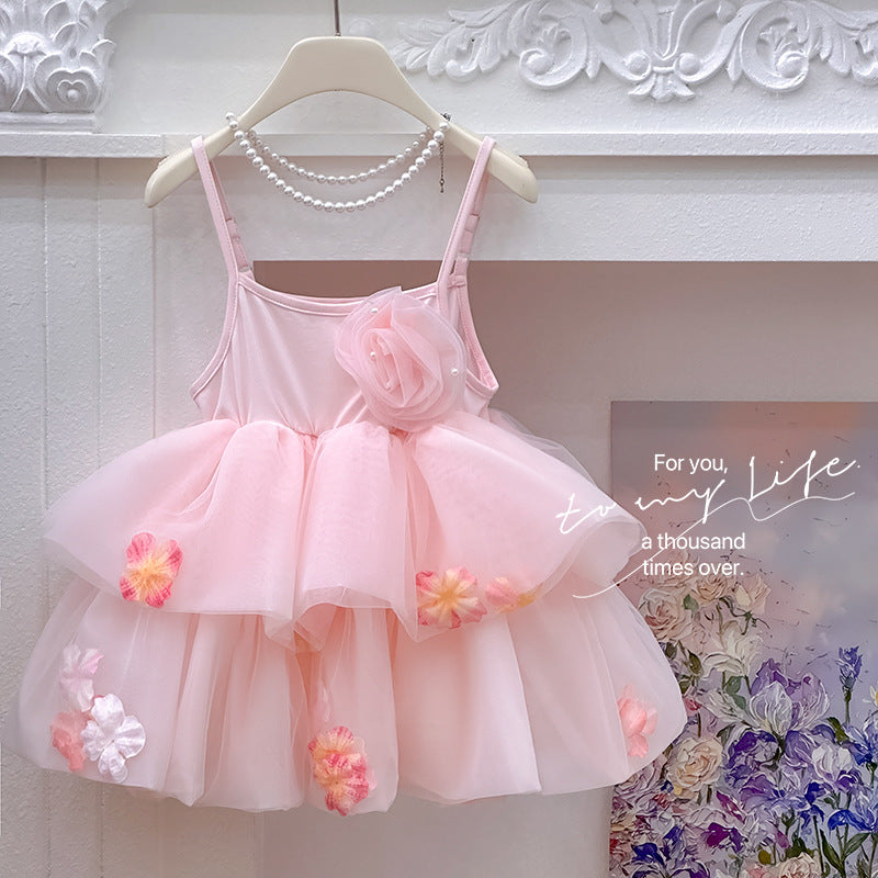 Girls' summer dress  new arrival: ethereal floral party dress, spaghetti strap, chic princess style