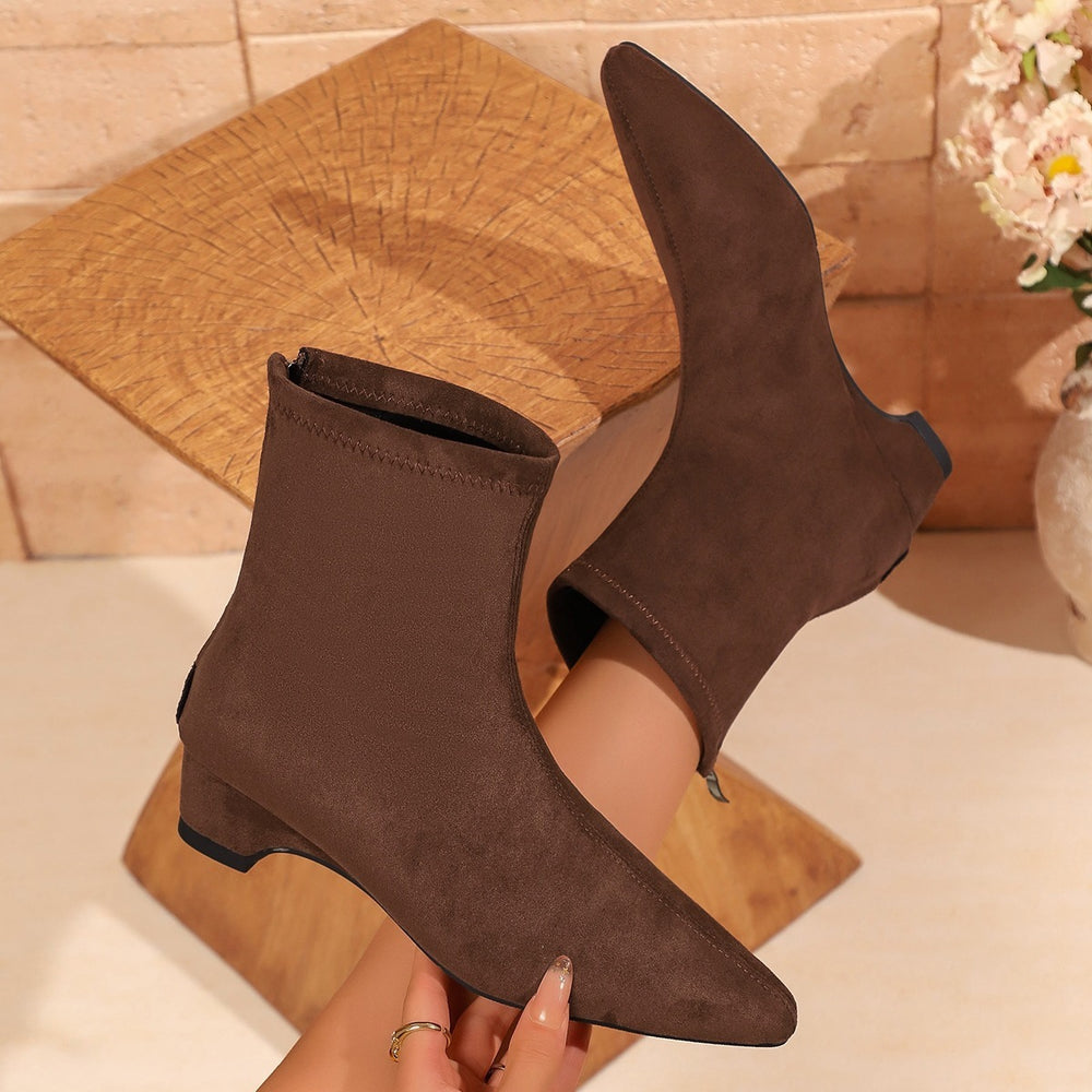 Suede slimming lookretro low heel short boots autumnew arrival pointed toe export plus size thick heel slim martin boots women