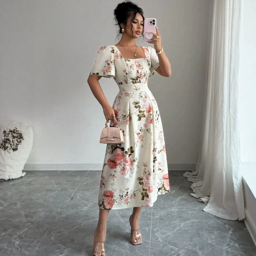 new european and american summer collection: french-style printed square neck bubble sleeve dress with cinched waist