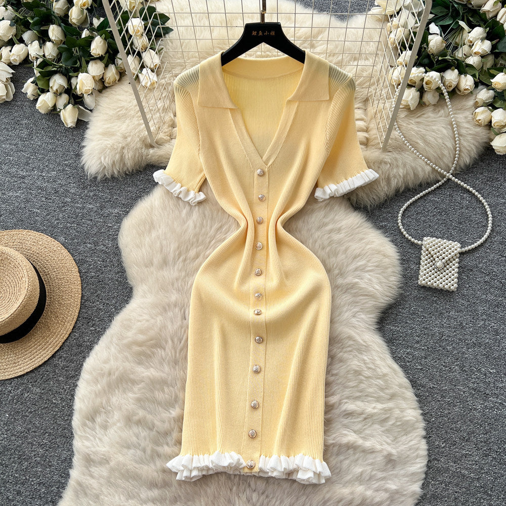 French gentle style v neck fungus edge knittingdress k-style short sleeve women's metal button slimming lookpetites short skirt