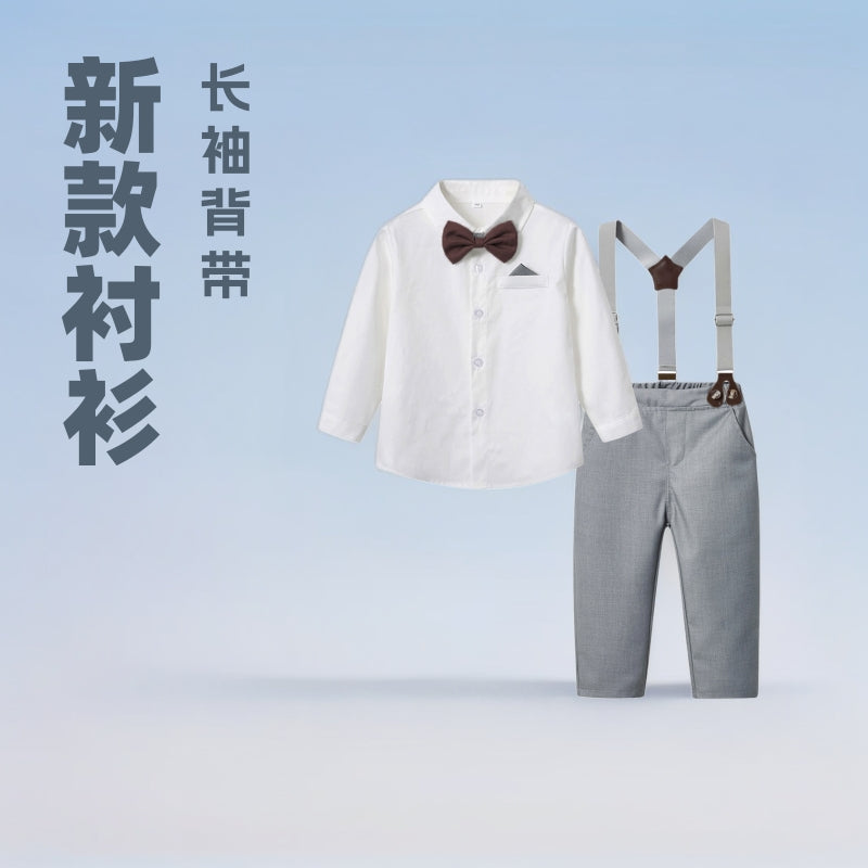 Korean style new children's clothing long-sleeve shirt overalls bow tie first birthday outfit boys' clothes factory wholesale