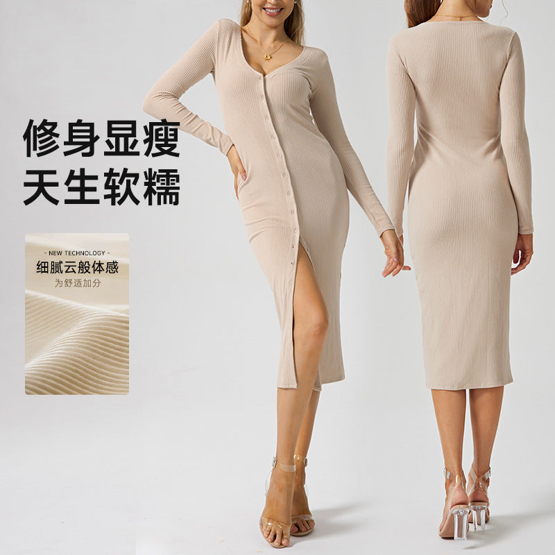 French chic, elegant, and feminine yoga dress - long sleeve v-neck, soft, sexy, bodycon fitness dress for autumn and winter