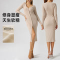 French chic, elegant, and feminine yoga dress - long sleeve v-neck, soft, sexy, bodycon fitness dress for autumn and winter
