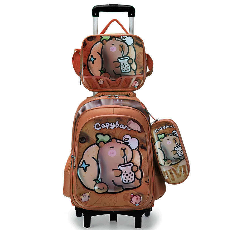 New arrival concave and convex leather primary school student pull rod school bag for grades 3 to 6 kids cartoon three-piece set backpack in stock