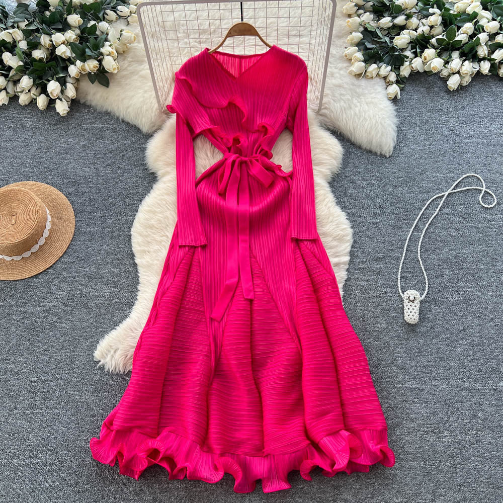 European and american niche fashion socialite tie-waist ruffle pleated dress - women's high-end slimming elegant maxi dress