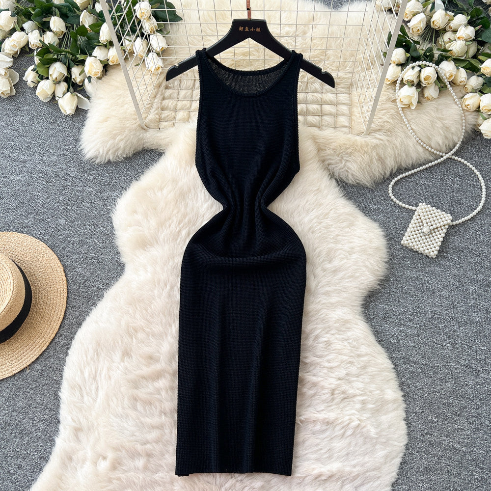 Korean style sleeveless minimalist knit versatile dress - women's summer high-waisted slimming casual a-line dress - light luxury