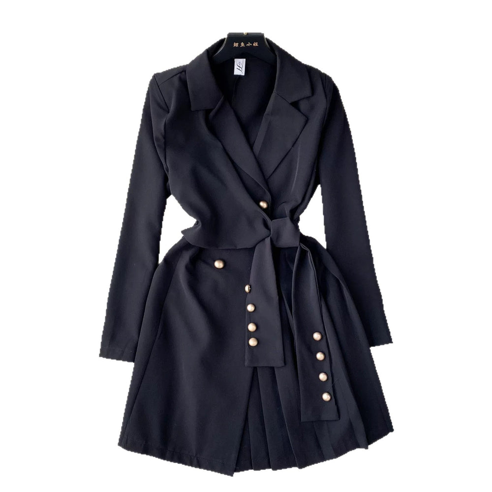 Workplace light mature style women's elegant suit collar strap silmshortsense of design pleated skirt long sleevesdress