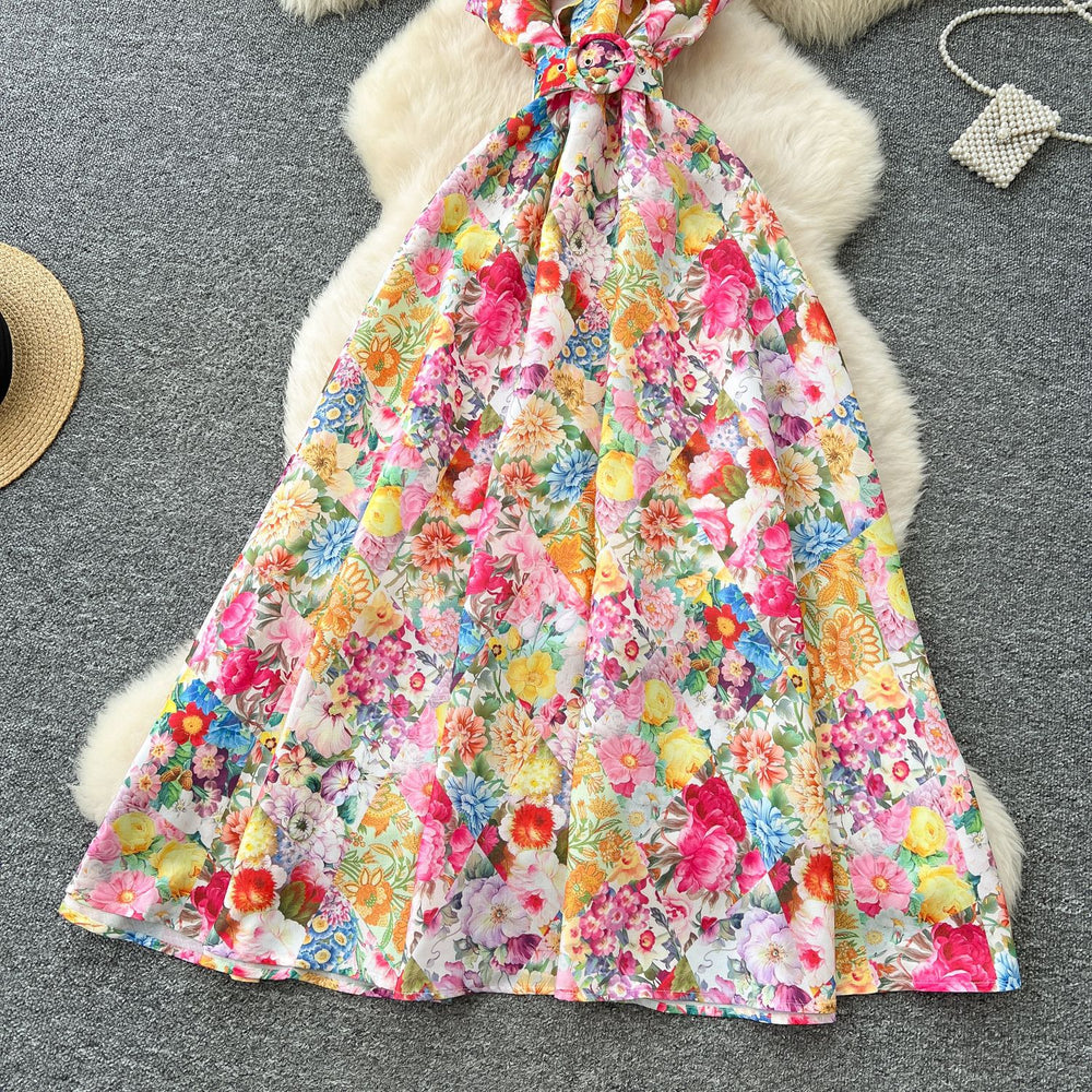 Frenchromantic atmosphere printing sleeveless dress female ruffles belt slimming look design elegant fairy long skirt
