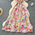Frenchromantic atmosphere printing sleeveless dress female ruffles belt slimming look design elegant fairy long skirt