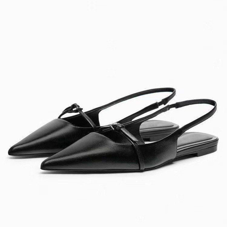 Summer new korean style women's black pointed-toe peep-toe ankle strap open-back french minimalist casual sandals, size 42