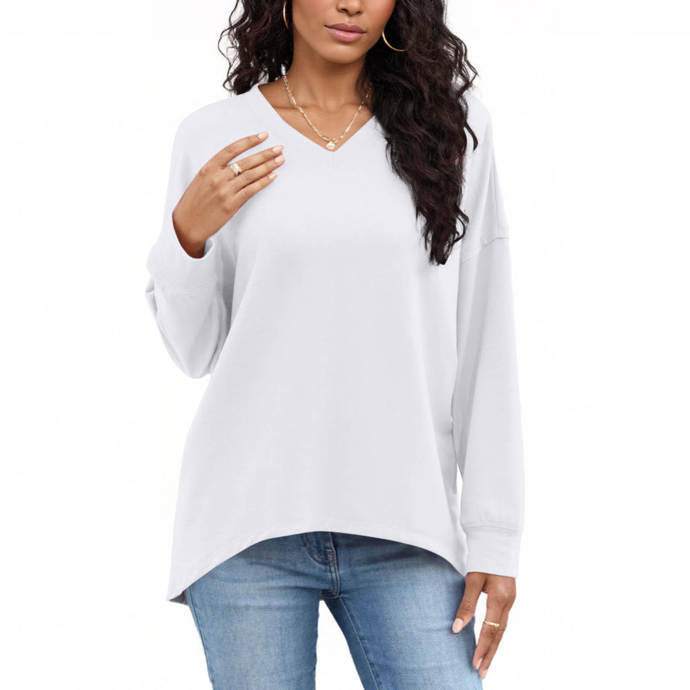cross-border new women's fashion casual solid color v-neck long sleeve top hoodless sweatshirt