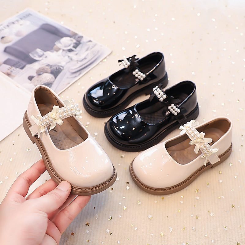 Vancahao kids' black single shoes -  autumn new collection - girls' fashion beaded bow patent leather princess shoes