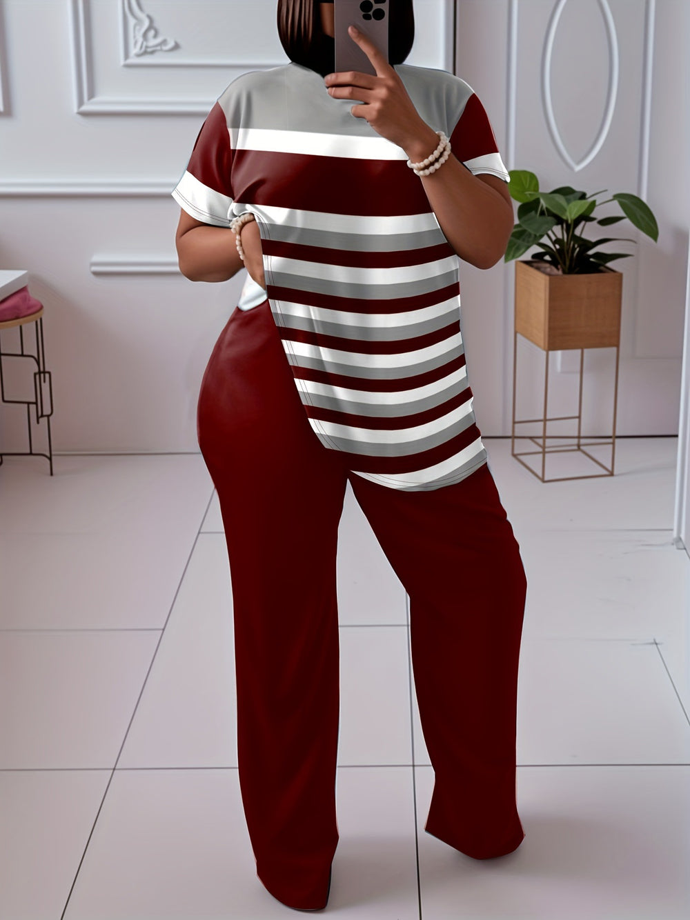 [hot-selling foreign trade model] fashion style large size contrasting stripesd short-sleeved fashion suit with burgundy wide-leg pants
