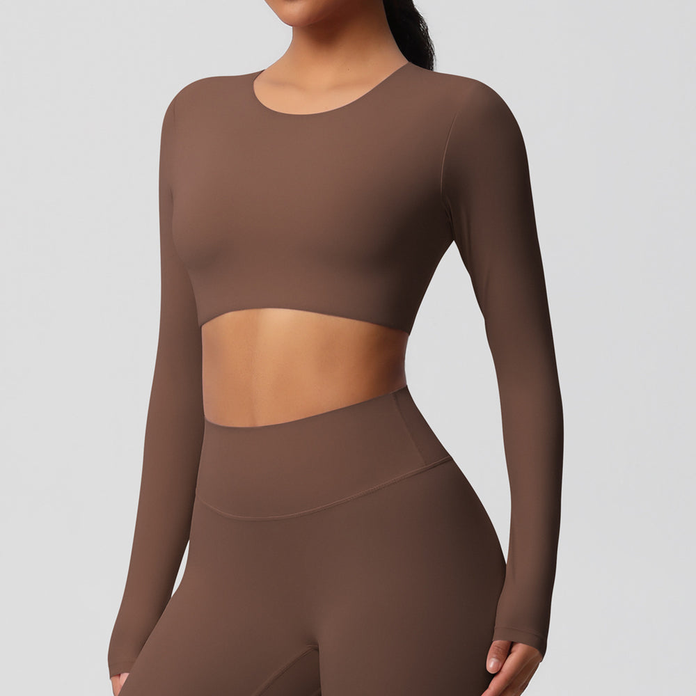 Ready-to-ship, cross-border, double-sided brushed, long-sleeved yoga top with built-in bra pads, suitable for pilates, running, and other workouts. women's
