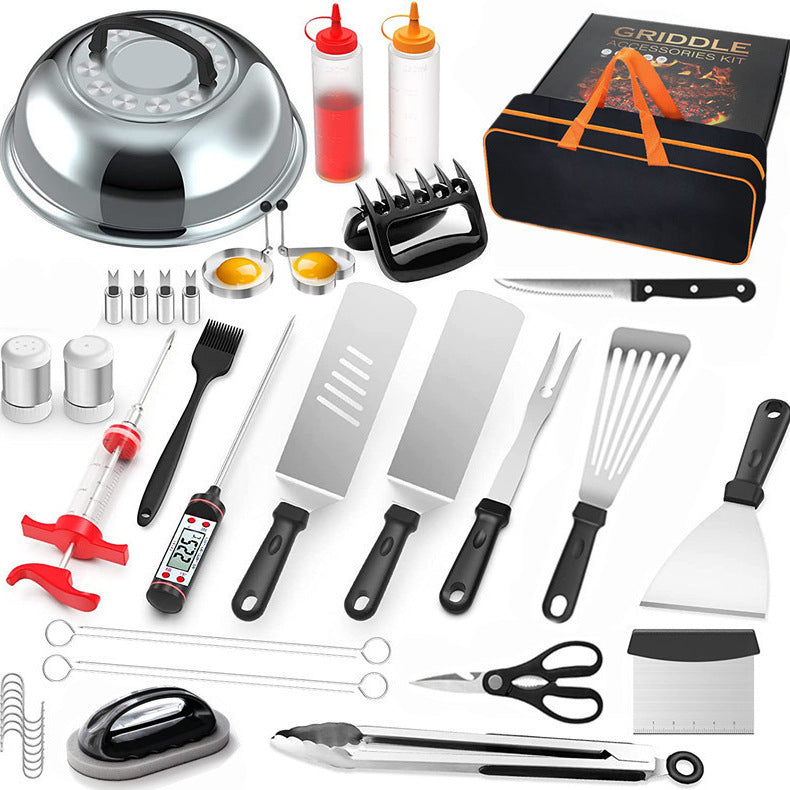 Cross-border stainless steel barbecue set, outdoor barbecue tools BBQ grill, cooking spatula, iron plate grill spatula, grill fork with fcm