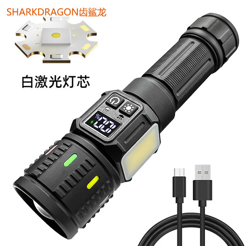 Cross-border new white laser strong light flashlight USB charging outdoor zoom digital display with side light LED flashlight
