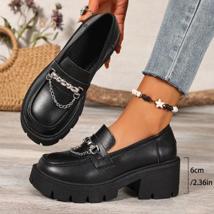 plus size thick heel loafers  fall and winter new arrivalfashion metal chain thick sole slip-on leather shoes flats women