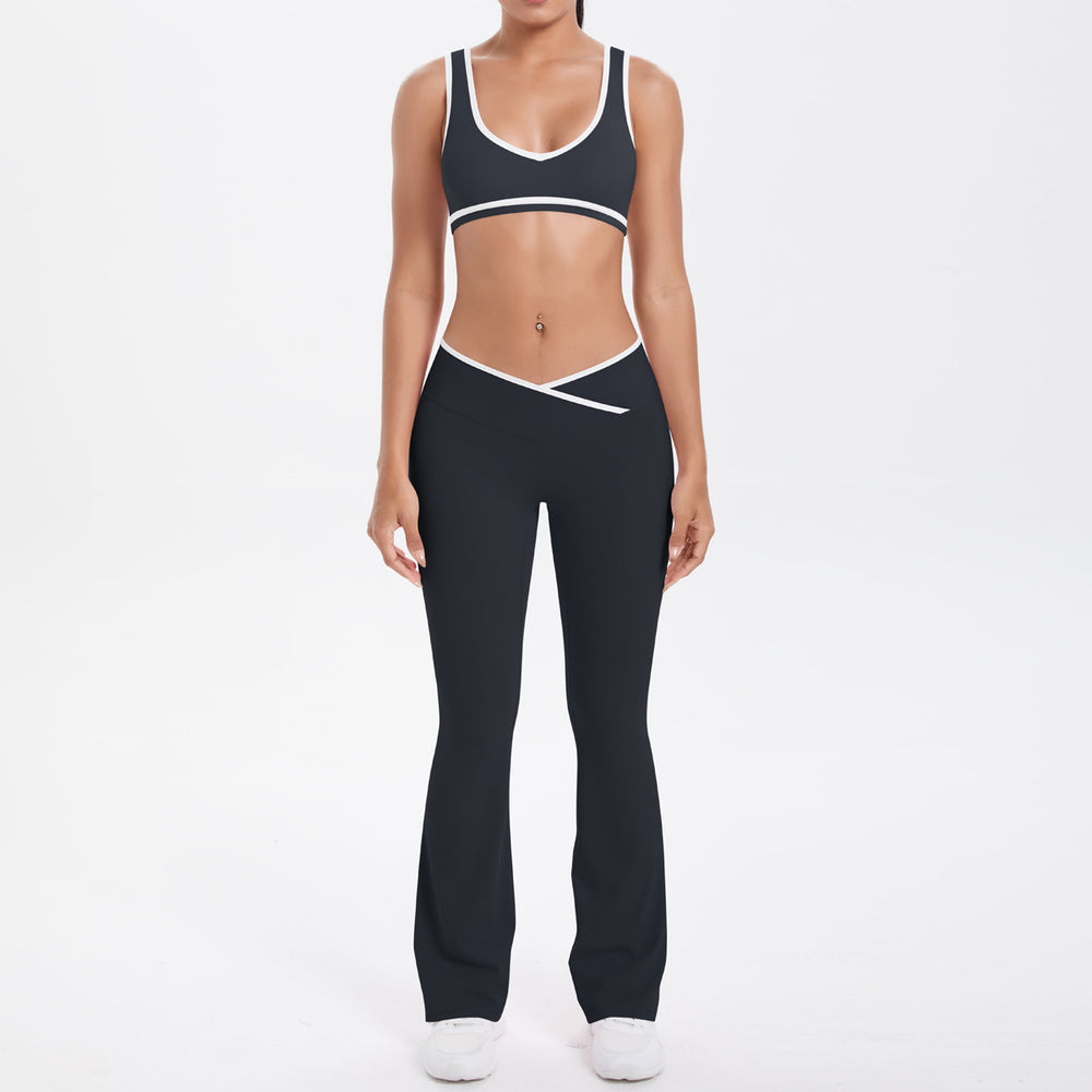 Cross high waist sports suit women's contrast color nude tight yoga clothes quick-drying breathable outdoor running fitness suit