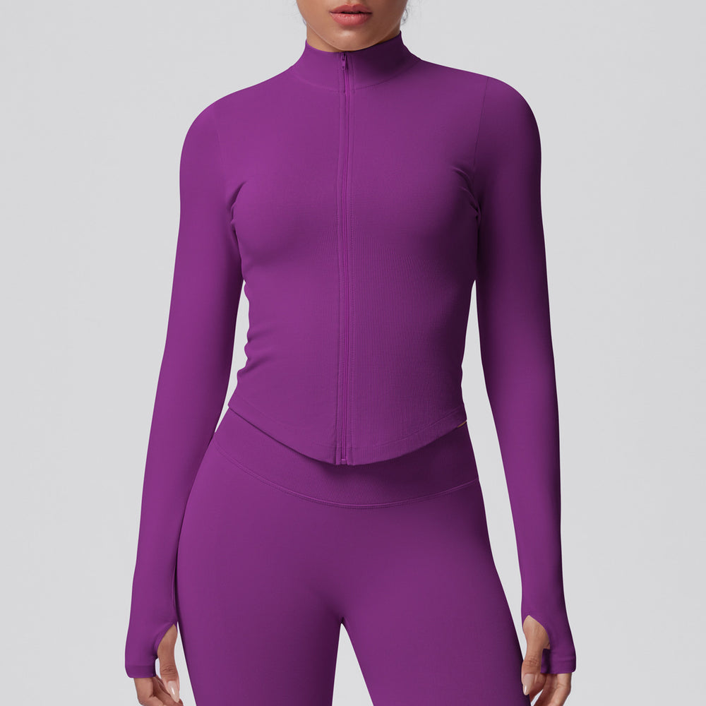 seamless pure color tight high elastic breathable stand collar zipper outwear sports running fitness yoga wear tops for women