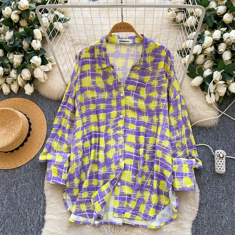 K-styleloosegrids pattern comfortable breathable shirt women's long sleevesspringcardigancommuting boyfriend style lazy sun protection tops