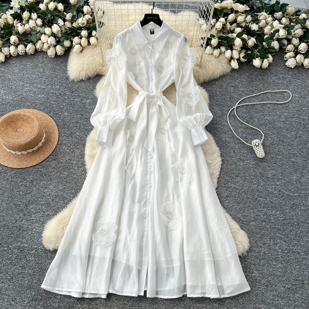 Frenchclassyheavy industry beadingstereoflowerslong sleevesdress women's autumn strap waist slimming look single breasted long skirt