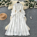 Frenchclassyheavy industry beadingstereoflowerslong sleevesdress women's autumn strap waist slimming look single breasted long skirt
