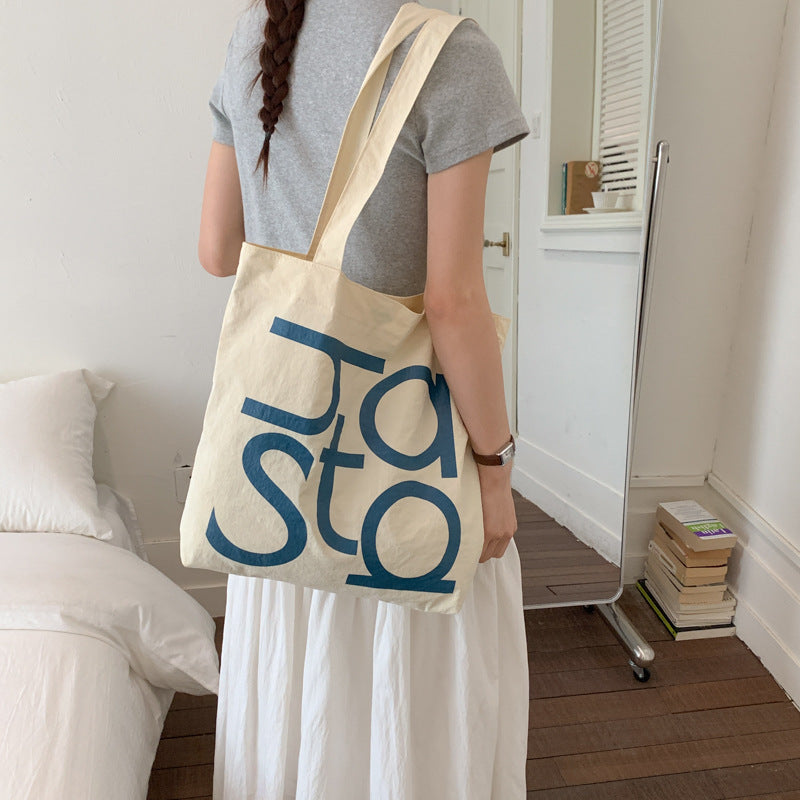 letterprinting nylon tote bag large capacity casualcontrast colorsatchel bag korean style simple canvas bag for women