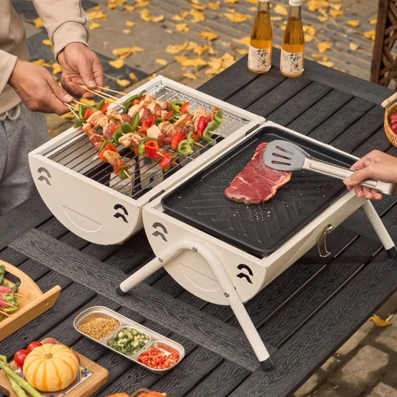 Small portable outdoor bbq grill with collapsible chimney, charcoal camping bbq grill for outdoor cooking and barbecuing