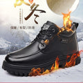 Men's winter mid-calf leather-lined cotton shoes for seniors - father's day high-top fleece-lined casual cotton boots - non-slip dad shoes