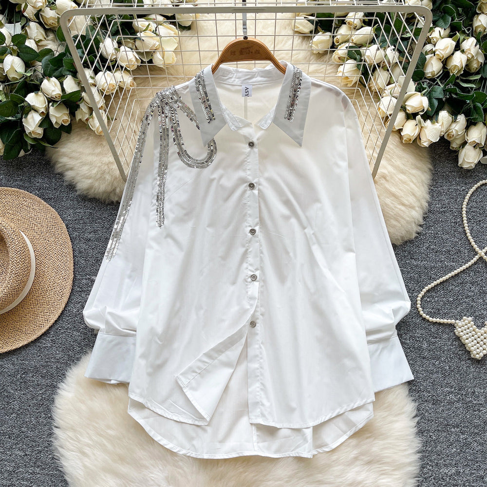 Stylish and versatile heavy sequin embroidered lapel long sleeve single-breasted blouse - women's autumn  loose fit slimming top