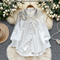 Stylish and versatile heavy sequin embroidered lapel long sleeve single-breasted blouse - women's autumn  loose fit slimming top