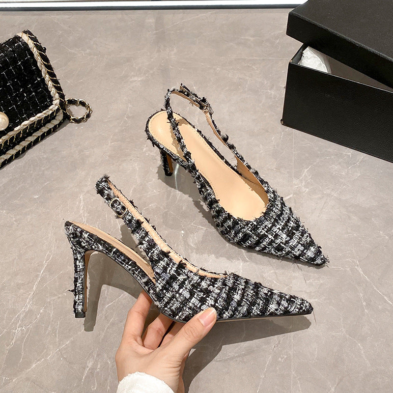 Xiaoxiangfeng pointed toe shallow mouth toe back hollow sandals for women 2026new arrival thin heel rubber bottom spring & fall style fashion boutique