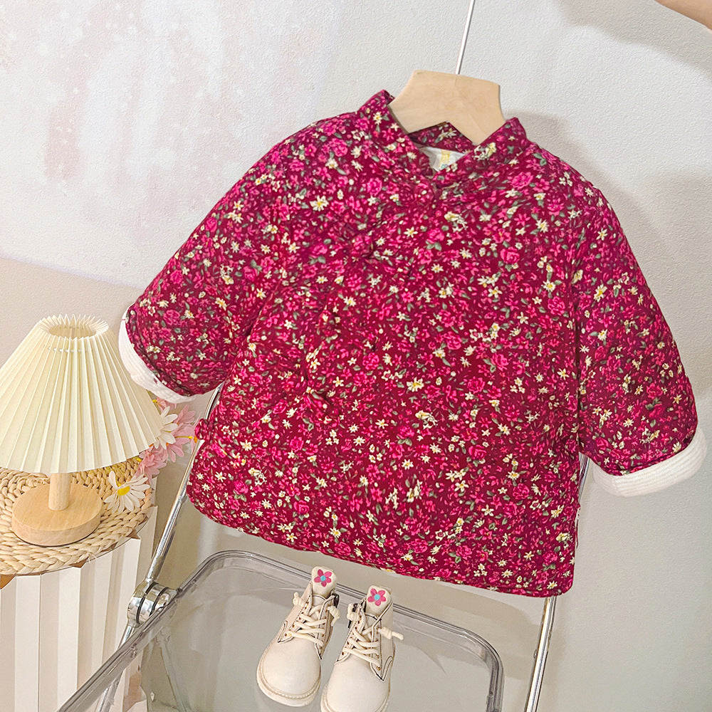 Winternew arrivalgirl floral cotton jacket baby printing floral fleece-linedthickened new year's greetings clothing for children and young children outwear cotton jacket
