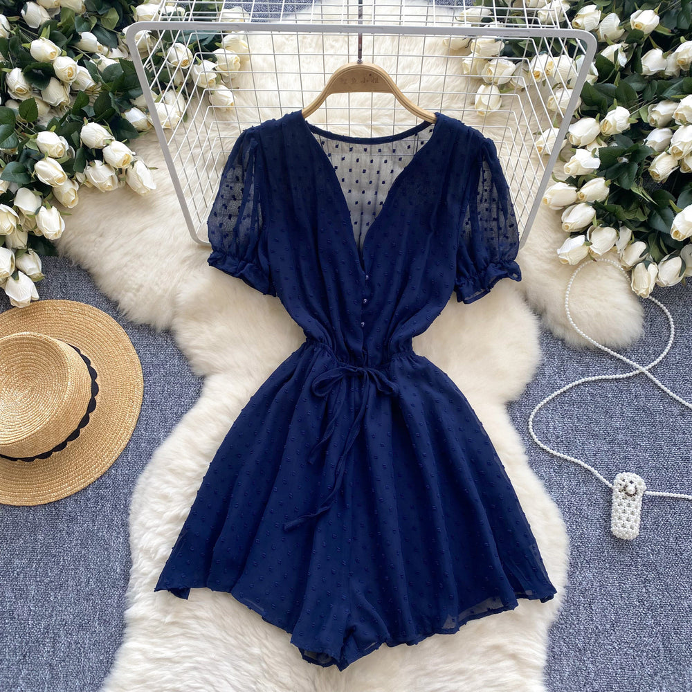 Women's jumpsuit beach vacation shorts summer new v-neck puff sleeve tie-waist versatile wide-leg shorts