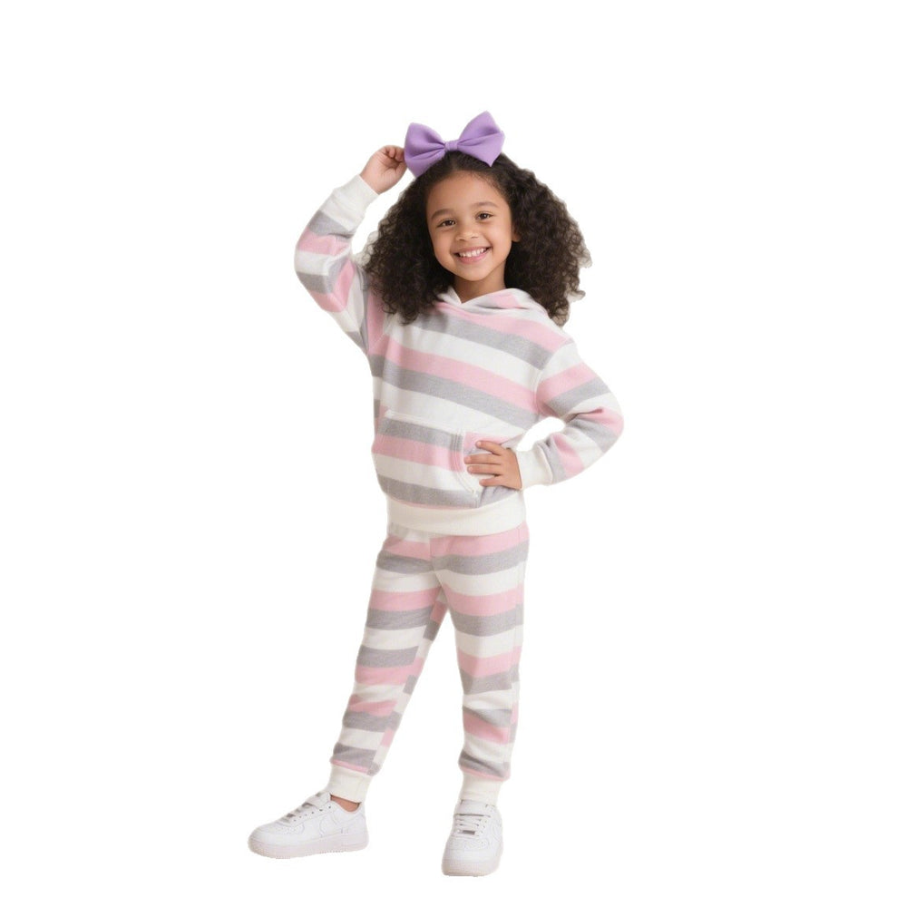 Girls' casual color block striped hoodie and jogger set - autumn activewear two-piece outfit for kids