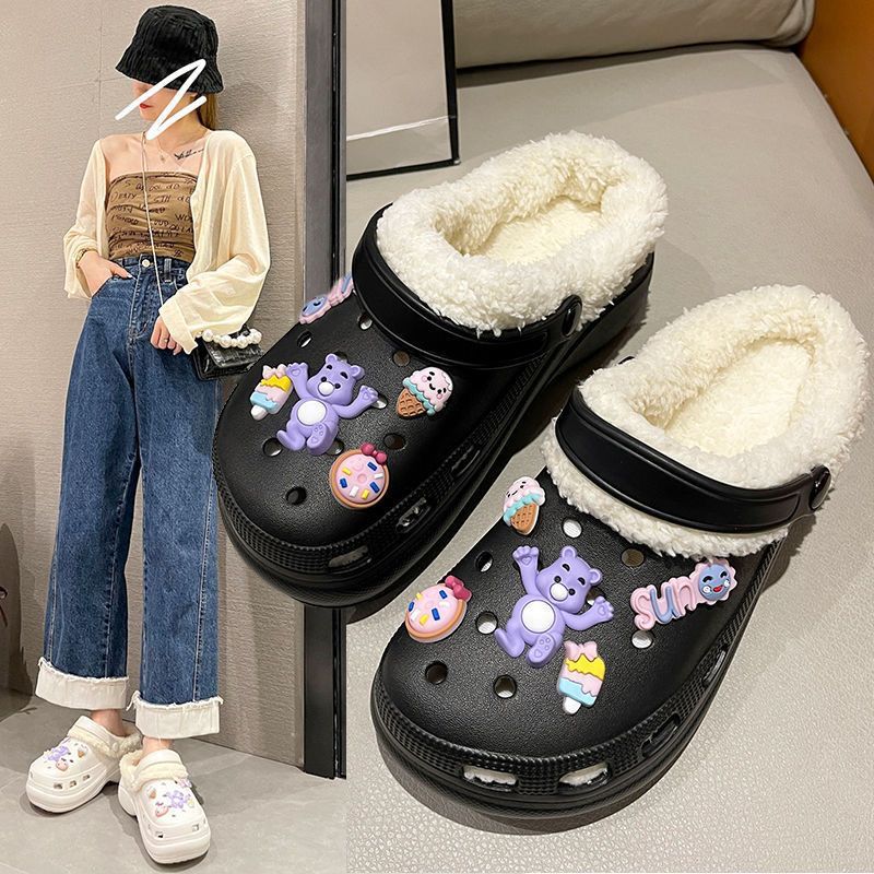 Detachable fleece-lined clogs for women, autumn/winter, girly high-heeled cute student anti-slip cotton slippers, fuzzy cotton shoes